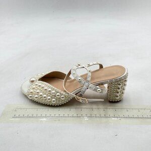 White Chunky Heel Open Toe Elegant Multi-sized Pearls Ankle Strap Sandals Dress